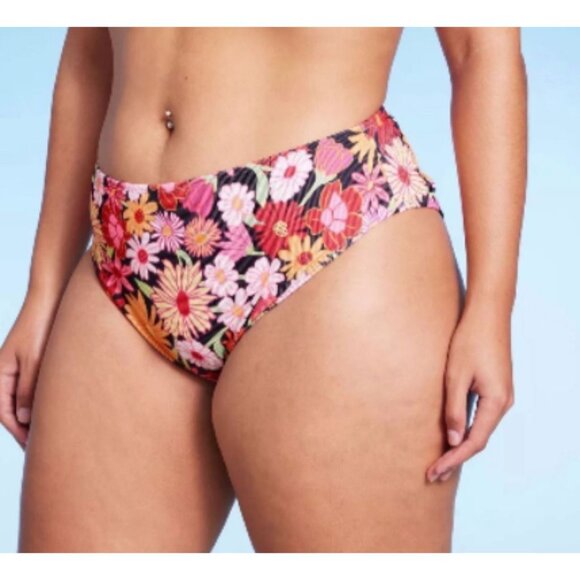 Wild Fable-Women's Ribbed High Waist High Leg Cheeky Bikini Bottom-Black/Pink-XS - Picture 1 of 12